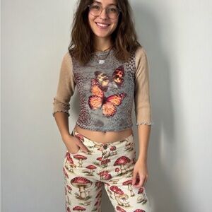 Vintage 90s Y2K velvet Butterfly Print Top made in USA xs